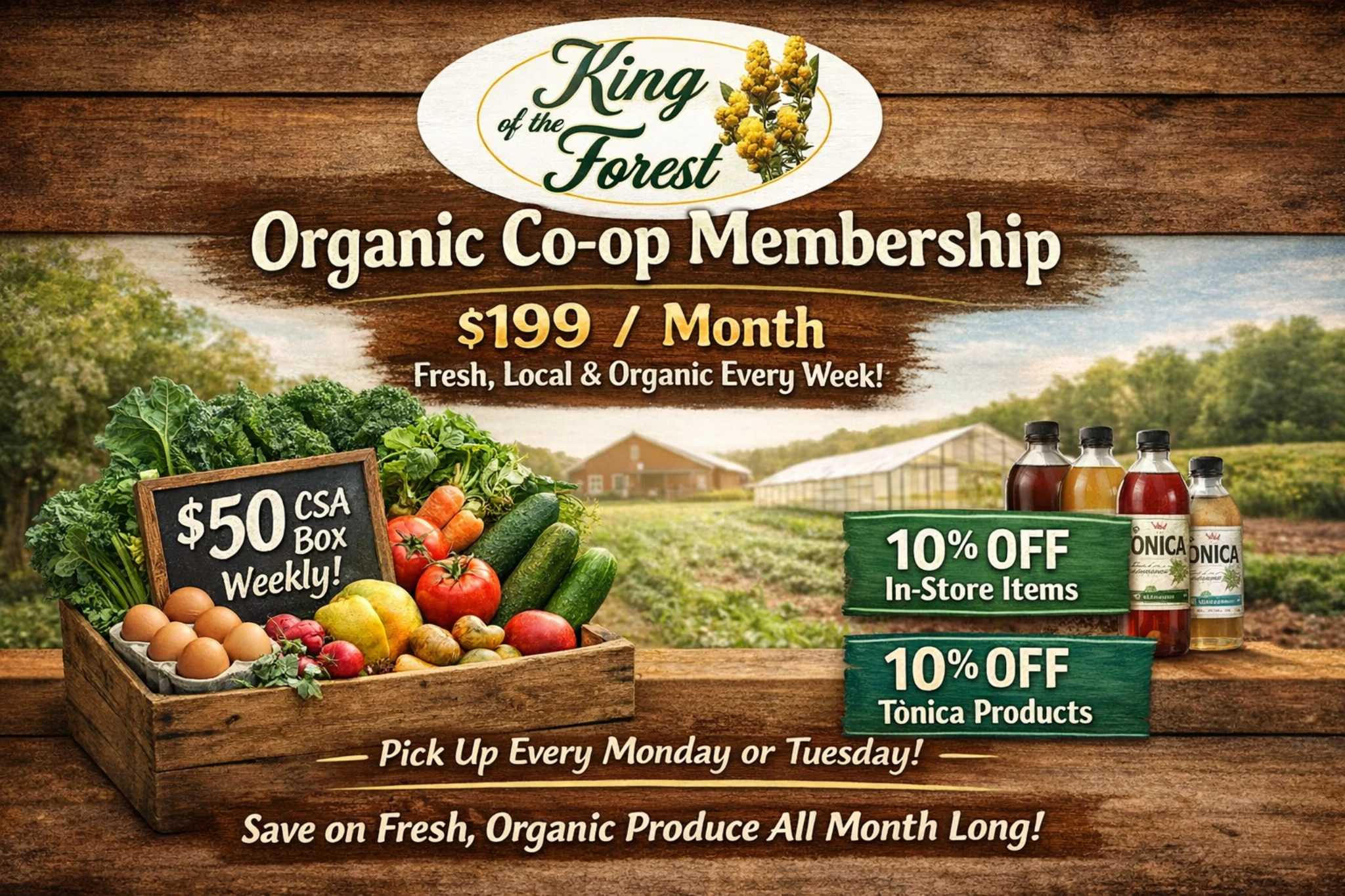 Organic Co-op Membership from King of the Forest with weekly $50 CSA produce box and member discounts