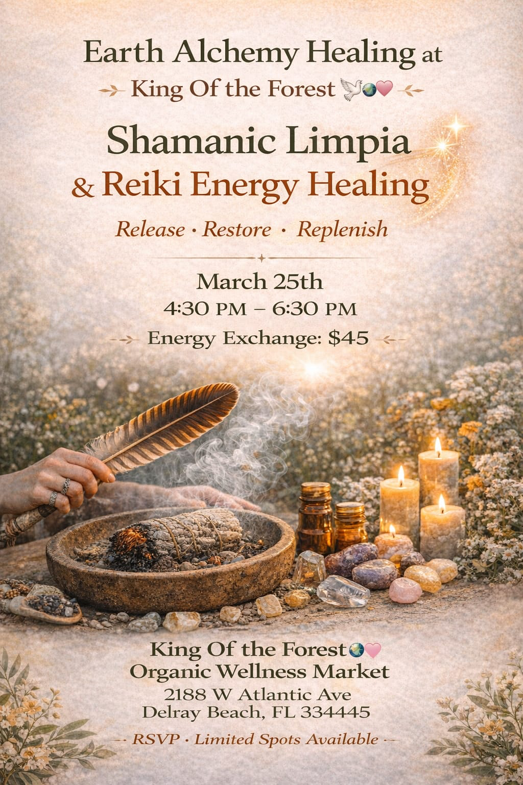 Shamanic Limpia and Reiki Energy Healing event at King of the Forest Organic Wellness Market in Delray Beach Florida