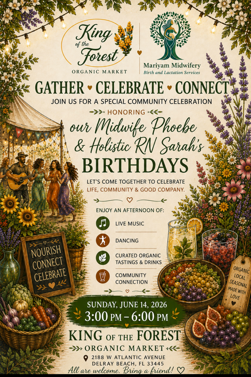 Community birthday celebration event at King of the Forest Organic Market in Delray Beach featuring live music and organic tastings
